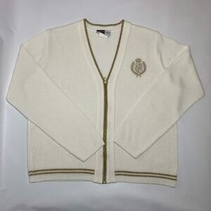 Beldoch Popper Cardigan Sweater Womens Ivory Gold Crest Zip Vintage